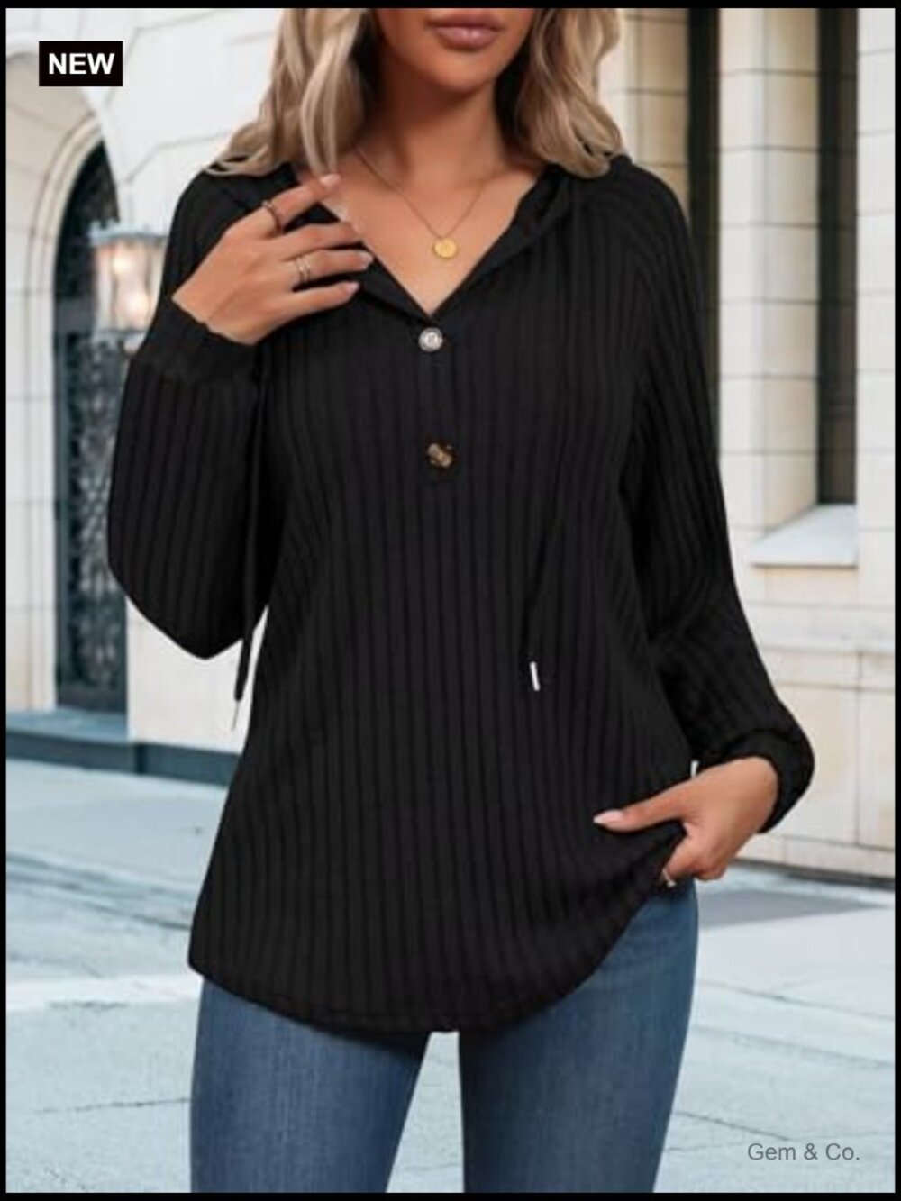 V Neck Drawstring Hoodie - Loose Fit Long Sleeve Pullover Sweatshirt - Picture 3 of 7